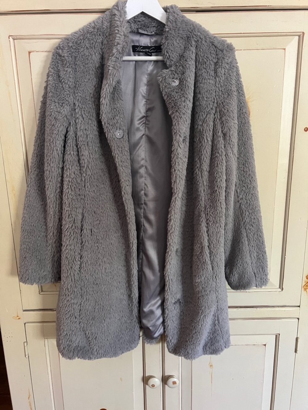 Kenneth Cole Plush Gray Teddy Faux-Fur Jacket